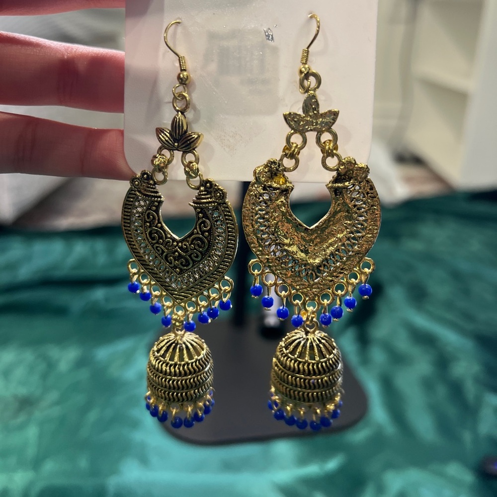 Blue & Gold Dangling Jhumka Earrings